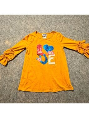 Counting Daisies Mustard Love Cowboy Appliqué Long Sleeve Top Boho Cute Girls 10